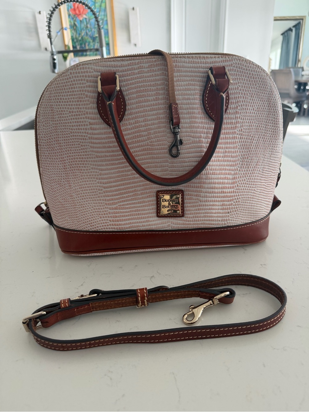 Dooney & Bourke Blush Lizard-Textured Satchel with Brown Leather Trim - Picture 5 of 7